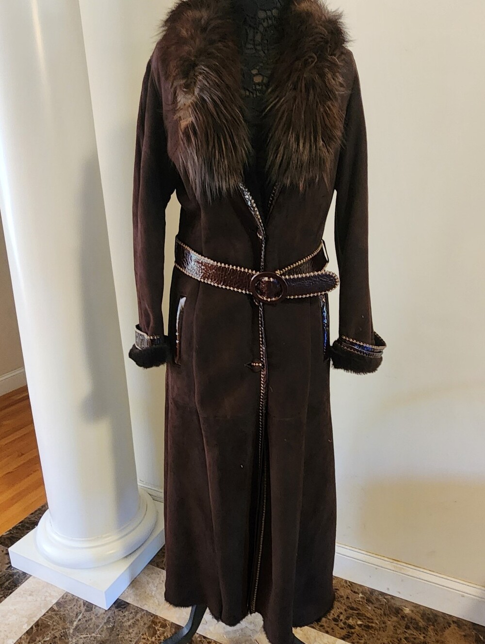 Women’s Long Brown Suade & Fox Fur Trim Coat